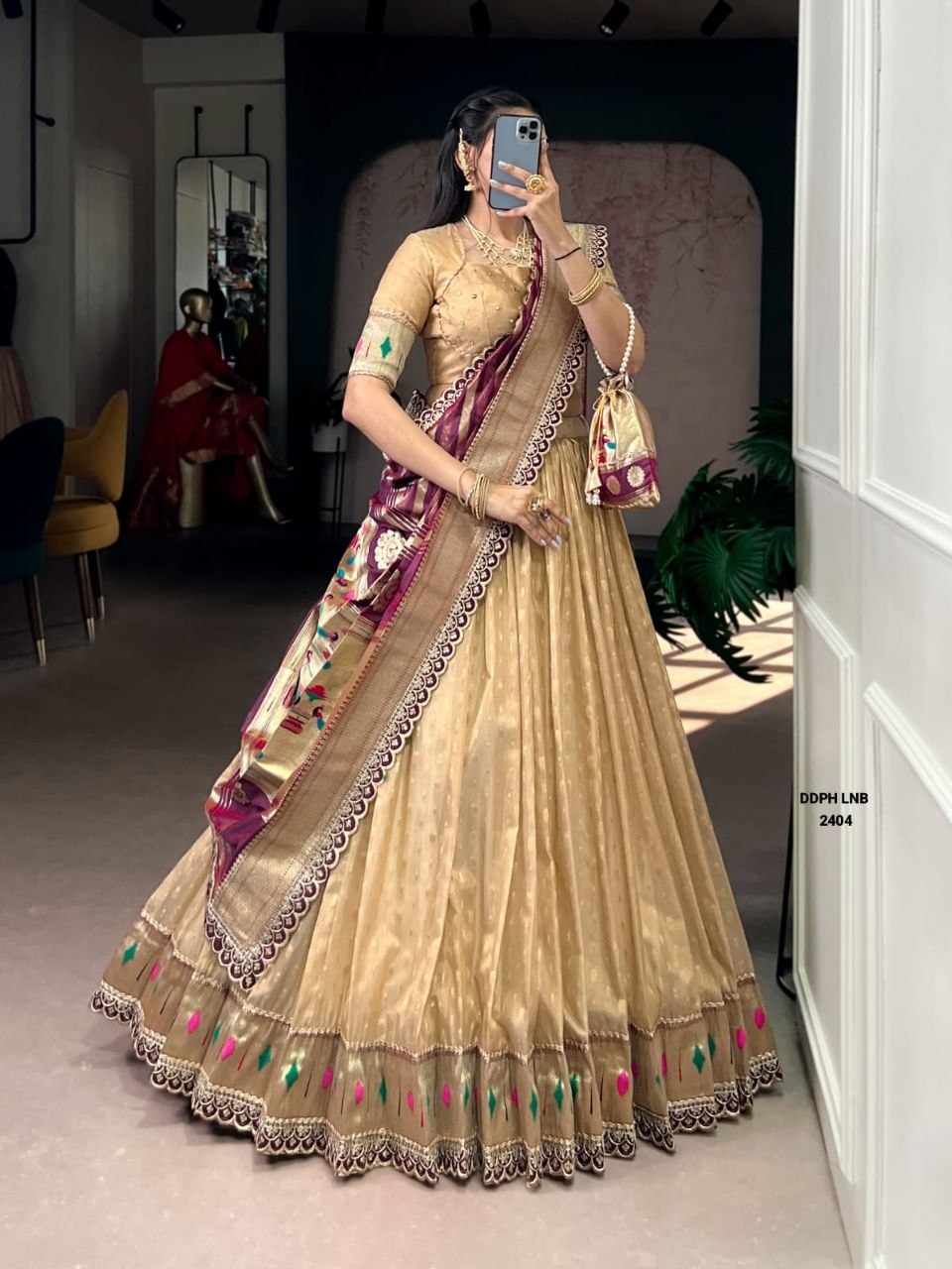 Golden-Beige Lehenga with Maroon and Gold Embroidered Border